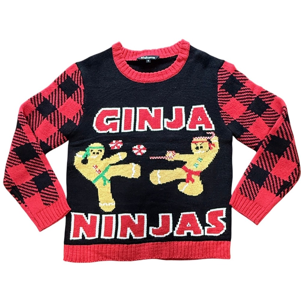 Kids Ginja Ninjas Christmas Ugly Sweater Size 8‎ Red Black Buffalo Plaid Holiday